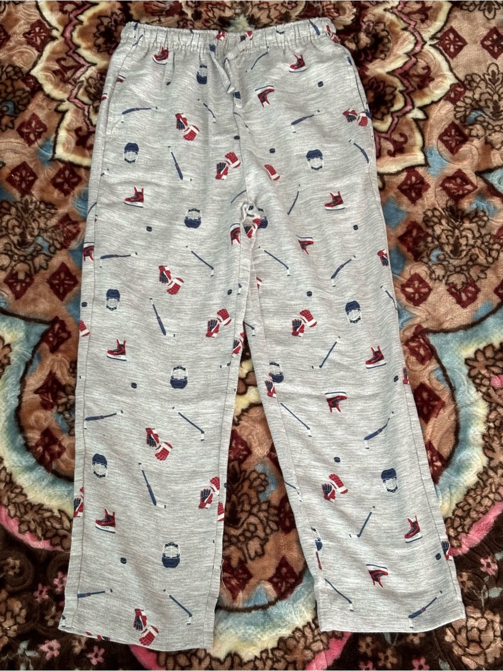 Petit Lem Gray Pajama Pants with Red and Blue Hockey Print